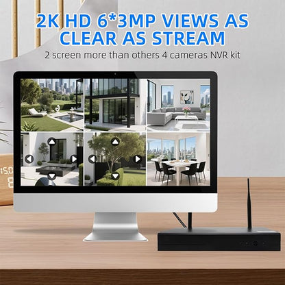 Wireless Security Camera NVR System, 2 Bullet Cam + 2 Dome Cam, 6 Screen Max. up to 16CH, 2K HD 3MP View, Dual-Band WiFi Connection, Smart Color Night Vision, 1TB HDD Local Storage