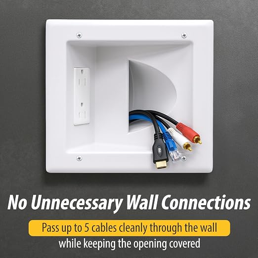 DATA COMM Electronic 45-0031-WH Recessed Low Voltage Media Wall Plate w/ Built-In Duplex Receptacle Outlet, Cable Management - Elevate Your Home Entertainment w/ Stylish White Panel