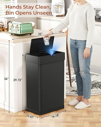 TLSUNNY 18.5 Gallon Motion Sensor Trash Can,Touchless Automatic Garbage Can,Brushed Stainless Steel Smart Bin,with Bag Holder,Soft Close Lid,for Kitchen,Office,RV,Bedroom,Living Room (Black, 70L)