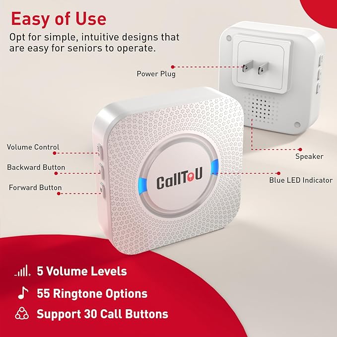 CallToU Wireless Caregiver Pager Call Button for Elderly at Home Nurse Alert System 500+ Feet for Seniors/Elderly/Patient/Disabled 2 Plugin Receivers 1 Waterproof SOS Button
