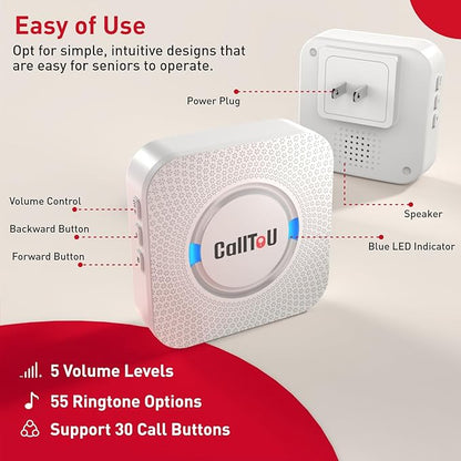CallToU Wireless Caregiver Pager Call Button for Elderly at Home Nurse Alert System 500+ Feet for Seniors/Elderly/Patient/Disabled 2 Plugin Receivers 1 Waterproof SOS Button