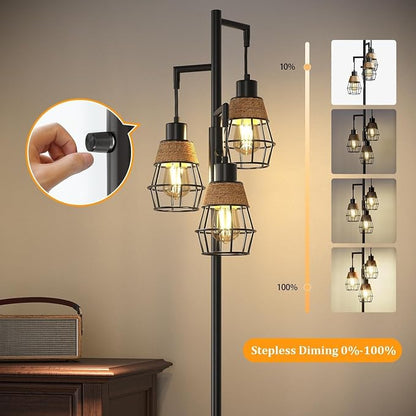 Oneach 70" Floor Lamps for Living Room, Stepless Dimmable Boho Floor Lamp with 3 Bulbs, Tall Farmhouse Industrial Corner Standing Tree Lamp for Bedroom, Office, Study Room, Dining Room, Black