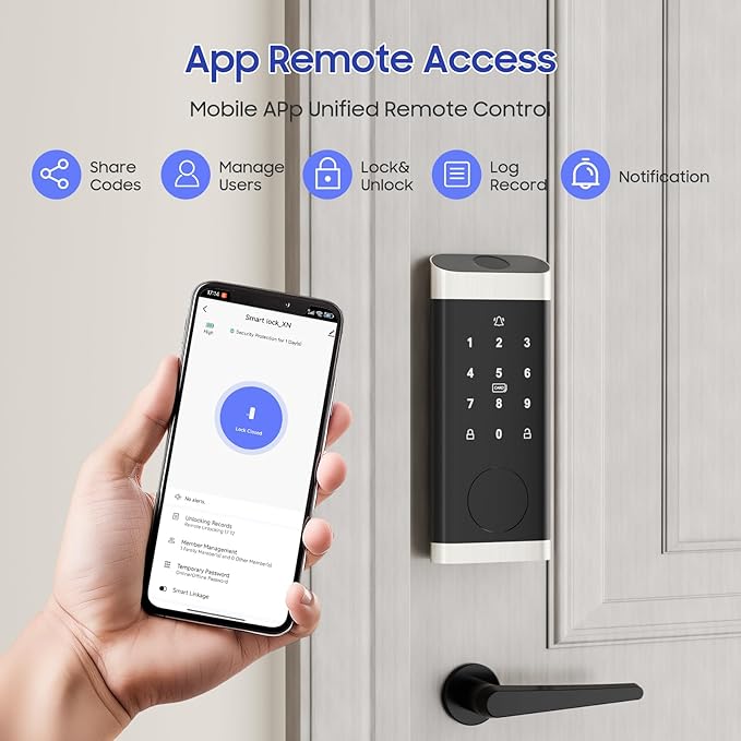 ECOSUNNY Smart Lock Keyless Entry Door Lock, Front Door Lock Set with Fingerprint & Anti-Peep Password, Smart Door Lock with Built-in Wi-Fi and App Control, IP66 Weatherproof for Rentals & Home