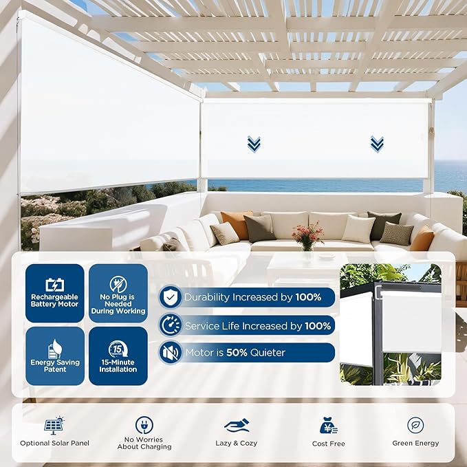 Motorized Outdoor Shades, Custom Patio Roller Blinds with Remote, Smart Exterior Sun Shades Compatible with Alexa, HomeKit, Google Home (1% Openness White)