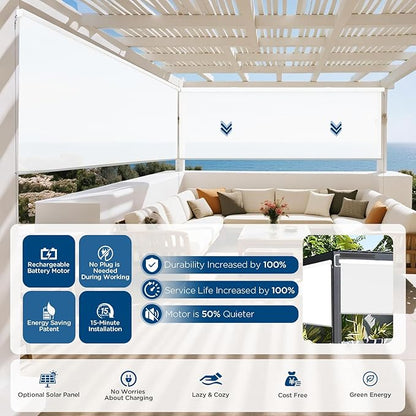 Motorized Outdoor Shades, Custom Patio Roller Blinds with Remote, Smart Exterior Sun Shades Compatible with Alexa, HomeKit, Google Home (1% Openness White)