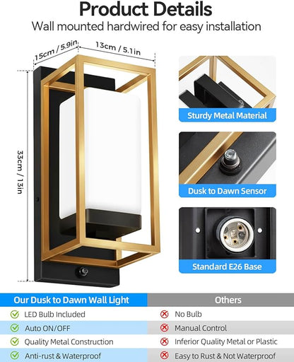 RAYVO Modern Outdoor Wall Light with Dusk to Dawn Sensor, Waterproof Exterior Light Fixture with E26 Base, 3000K LED Bulb Included, Outdoor Sconce Lights for Porch Garage Entryway