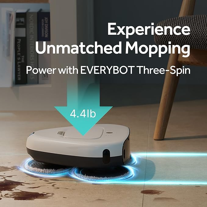 EVERYBOT Three-Spin Robot Mop for Hard Floors - Ultra-Quiet 43dB, Powerful Three Mops Wiping, Long Battery & Large Water Tank, Remote Control, Global Design Award Winner