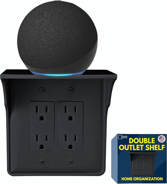 Power Perch Double Outlet Shelf Organizer for Alexa Echo Dot Speakers, Phone - Wall Outlet Holder with Cord Storage Strap - Socket Shelf Bathroom Kitchen Counter Charging Station - Black 1 Pack