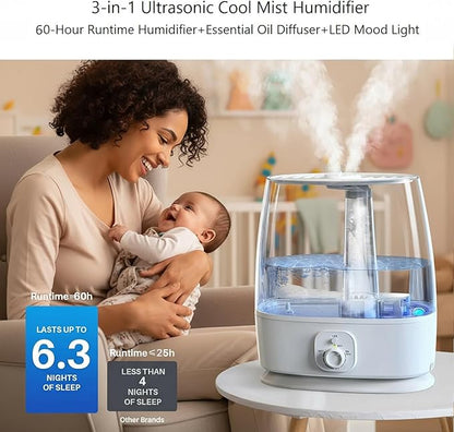 Novaspark 6L Humidifier Large Room 500 Sq Ft, 60H Ultrasonic Cool Mist Top Fill, Whisper Quiet 28dB, Auto Shut-Off, Night Light for Baby Nursery Bedroom Plants - 1.6 Gallon