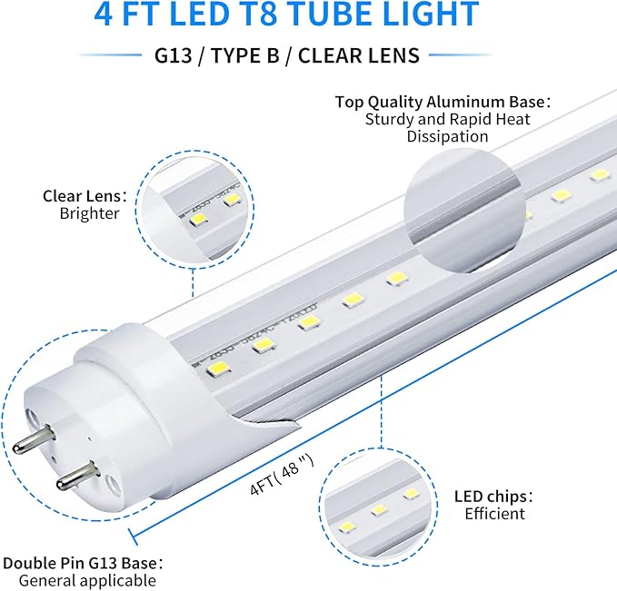 30-Pack T8 LED Bulbs 4 Foot Tube Light, 4ft LED Shop Garage Warehouse Light, 20W 5000K 2600LM Daylight White, Fluorescent Lights Tube Replacement, Ballast Bypass, Dual-end Powered, Clear Cover