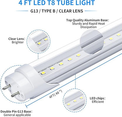 30-Pack T8 LED Bulbs 4 Foot Tube Light, 4ft LED Shop Garage Warehouse Light, 20W 5000K 2600LM Daylight White, Fluorescent Lights Tube Replacement, Ballast Bypass, Dual-end Powered, Clear Cover