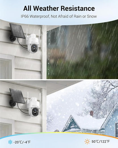 2K Solar Cameras Outdoor Wireless, Security Cameras Wireless Outdoor, Battery Powered cam with Spotlight, 2-Way Talk, PIR Motion Detection, Color Night Vision, 360° PTZ, Siren, Compatible with Alexa