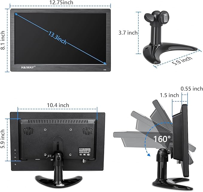 Haiway 13.3 inch Security Monitor, 1366x768 LED Monitor Small HDMI Monitors with Remote Control Built-in Speakers, Mini Monitors HDMI VGA AV BNC USB Input for CCTV Raspberry Pi PC Fire Stick Gaming