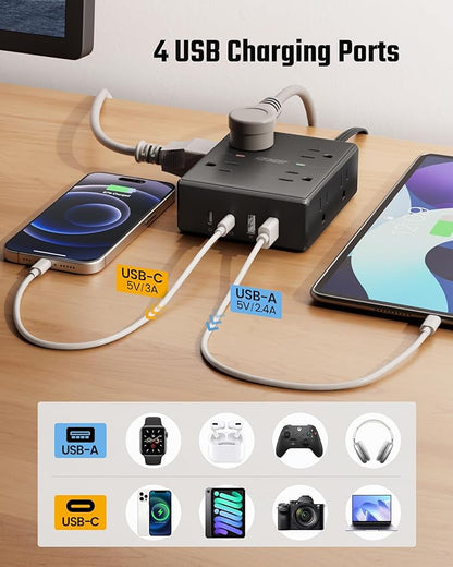 6Ft Extension Cord with Multiple Outlets, Flat Plug Power Strip Surge Protector, 8 Outlet 4 USB Ports (2 USB C), Wall Mountable, Desk Charging Station for Home Office, College Dorm Room Essentials
