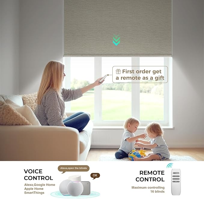 HeyBlinds Motorized Blinds with Remote, 100% Blackout Smart Blinds, Automatic Shades for Windows Compatible with Alexa Google and Homekit, Custom Size(Sunbeam-Light Camel Bo)