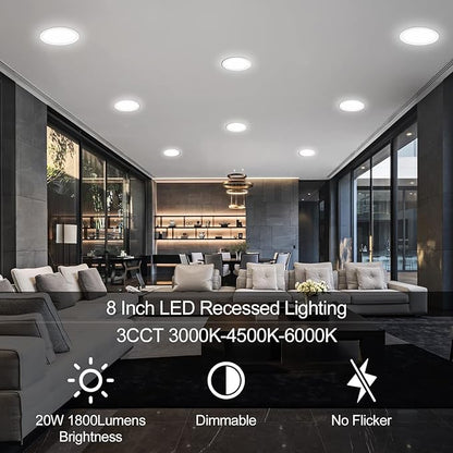 6 Pack 8 Inch LED Recessed Lighting with Junction Box Ultra-Thin, 3000K/4500K/6000K Selectable, 8" Dimmable Canless LED Downlight, 1800LM CRI80 High Brightness 5%-100% Recessed Light…