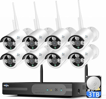 Hiseeu 4K Home Security Camera System, 24/7 Recording, 16CH NVR Kit, Corded Powered 8Pcs 8MP Outdoor Wireless WiFi Cameras, Color Night Vision, Two-Way Audio, Motion Detection, 3TB HDD, 2.4G & 5GHz
