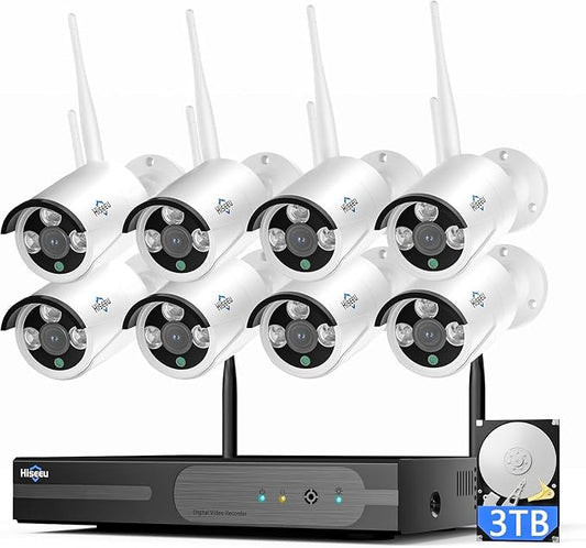 Hiseeu 4K Home Security Camera System, 24/7 Recording, 16CH NVR Kit, Corded Powered 8Pcs 8MP Outdoor Wireless WiFi Cameras, Color Night Vision, Two-Way Audio, Motion Detection, 3TB HDD, 2.4G & 5GHz