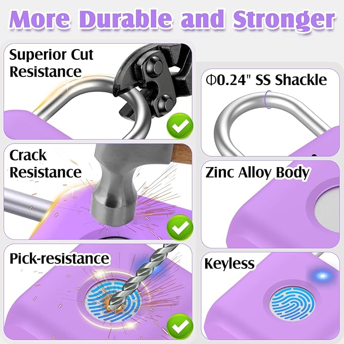 Pothunder Fingerprint Padlock, Smart Padlock, Locker Lock, Combination Fingerprint Lock with APP Unlock, USB Rechargeable, Suitable for Gym Locker(Lavender Purple)
