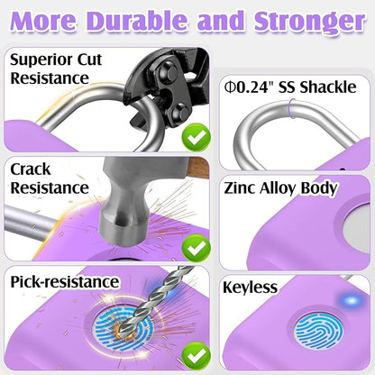 Pothunder Fingerprint Padlock, Smart Padlock, Locker Lock, Combination Fingerprint Lock with APP Unlock, USB Rechargeable, Suitable for Gym Locker(Lavender Purple)