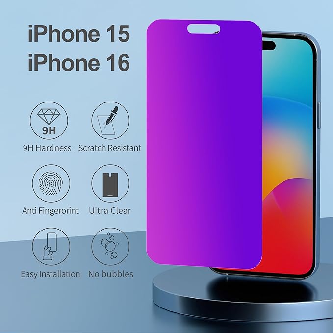 PDDKISS Compatible for iPhone 15/iPhone 16 Privacy Screen Protector Tempered Glass 6.1 Inch, Purple Gradient Anti Spy Anti Blue Light HD Easy Installation