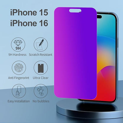 PDDKISS Compatible for iPhone 15/iPhone 16 Privacy Screen Protector Tempered Glass 6.1 Inch, Purple Gradient Anti Spy Anti Blue Light HD Easy Installation