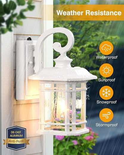 VIANIS White Exterior Lighting Fixtures, 2 Pack Porch Lights Outdoor, Outdoor Wall Lights Dusk to Dawn, Anti-Rust Outdoor Lighting for House, Porch, Garden, Doorway, Seed Tempered Glass