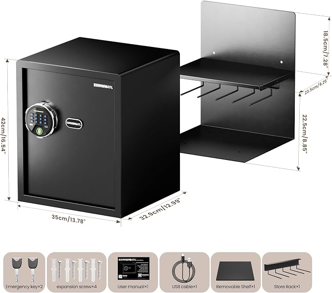 KornerBatl 30 lb Biometric Gun Safe, 4 Handgun Storage with Rack | 30 Fingerprints, PIN Unlock, Backlit Keypad, Silent Access, LED Light, Emergency Keys, 1.71 Cu. Ft.