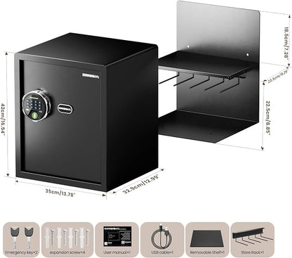 KornerBatl 30 lb Biometric Gun Safe, 4 Handgun Storage with Rack | 30 Fingerprints, PIN Unlock, Backlit Keypad, Silent Access, LED Light, Emergency Keys, 1.71 Cu. Ft.