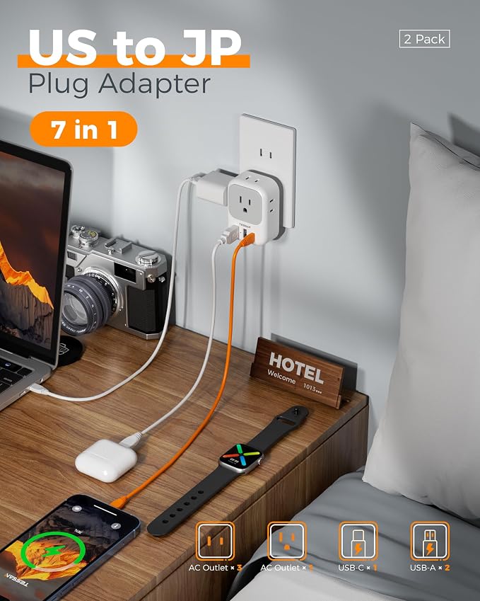 TESSAN 2 Prong to 3 Prong Outlet Adapter 2 Pack, US to Japan Plug Adapter