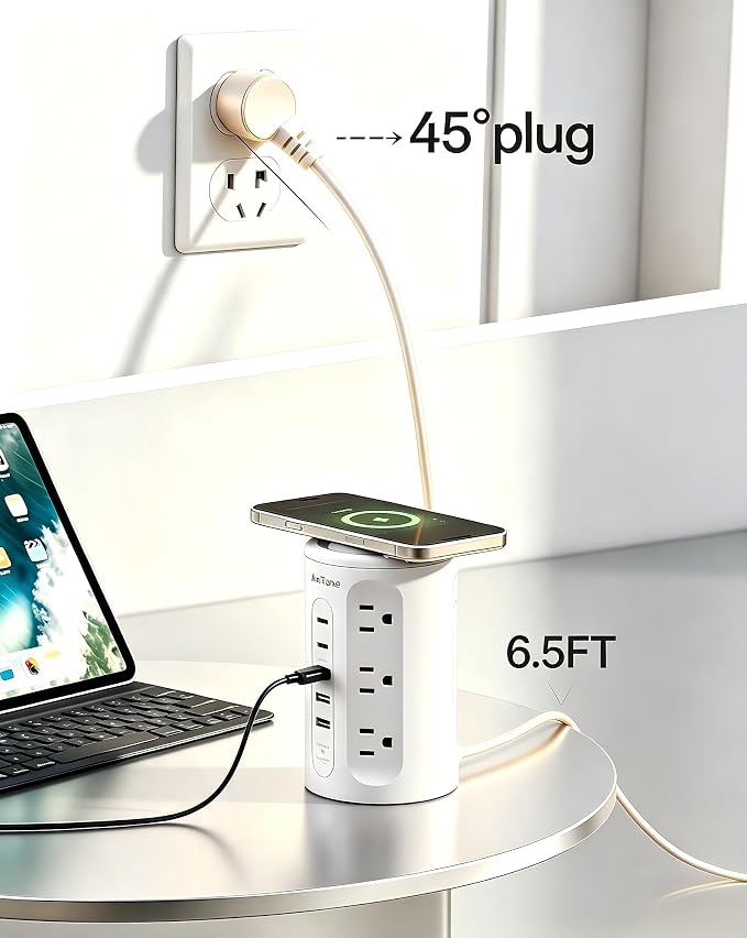 Power Strip Tower with USB Ports, 6.5 FT Extension Cord with Multiple Outlets (12AC+3A+2C) for Home Office Desk College Dorm Room Supplies