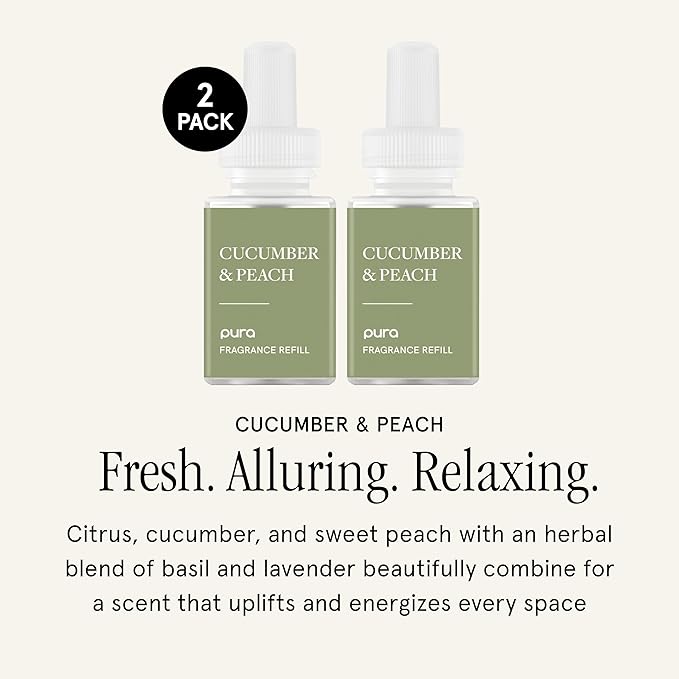 Pura Malodor Scent Refill - Smart Home Air Diffuser - Long-Lasting Premium Fragrance per Refill - Clean Diffuser Fragrance - Air Deodorizer & Odor Eliminator - 2 Pack, Cucumber & Peach
