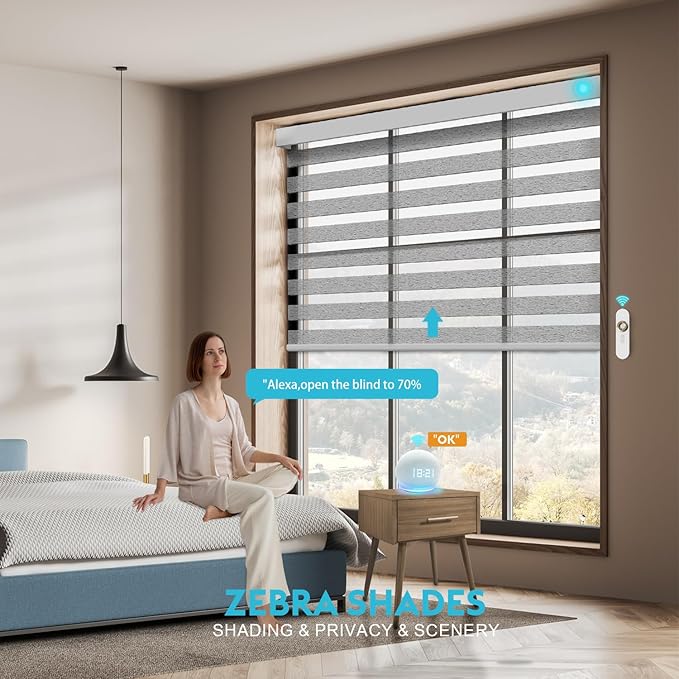 Motorized Zebra Blinds with Remote, Work with HomeKit Alexa, Smart Light Filtering Horizontal Automatic Electric Window Shades for Home Office Customsize(55% Blackout Treebark Black)