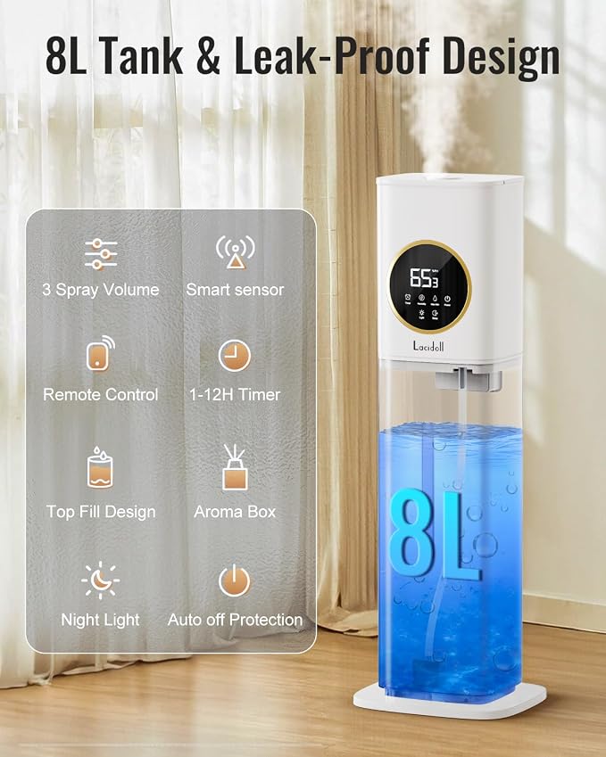 LACIDOLL 8L Humidifier for Bedroom with Night Light Diffuser, White
