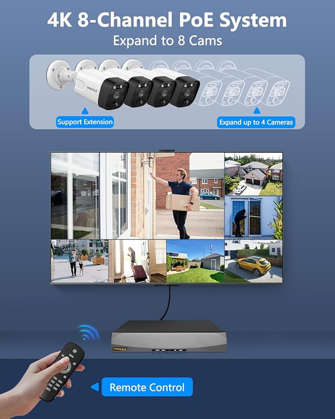 OOSSXX (2026 Update) 4K PoE Security Camera System w/PIR & AI Human Detection, 8CH NVR w/ 2TB HDD, 4 Cameras, 130° Ultra Wide Angle, 60-Day Recording, 2-Way Audio, Remote Control, No Monthly Fee