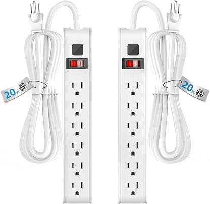 TiFFCOFiO Surge Protector Power Strip, 20 Feet Extension Cord, 600 Joules Surge Protection, Multiple Protection 6 Outlet Strip, 14 AWG Cord, 15A/1875W, ETL Listed (2 Packs, 20 FT)