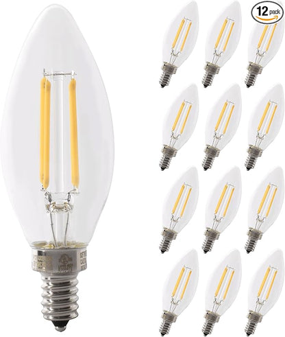 Feit Electric LED Candelabra Light Bulb, 100W Equivalent, Dimmable, E12 Base, 2700K Soft White, B10 Filament Torpedo Tip Decorative Lighting Bulbs, 13-Year Lifetime, BPCTC100927CAFIL/2/6, 12 Pack