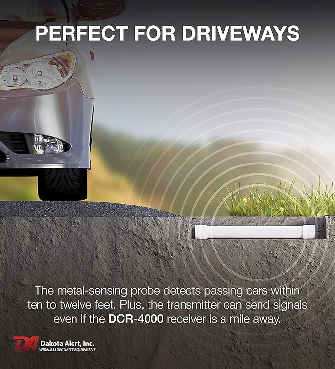 Dakota Alert Wireless Driveway Alarm System DCPA-4000 One Mile Wireless Range, DCR-4000 Receiver & DCPT-4000 Vehicle Detecting Probe Transmitter with Direct Burial Cable | Outdoor Vehicle Sensor Alarm