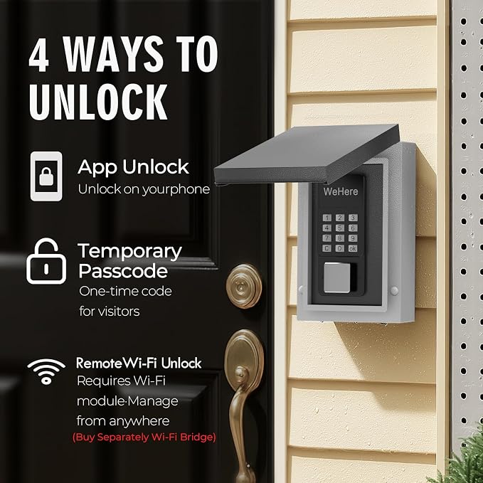 WeHere Key Lock Box Outdoor, Wall Mount Lockbox for Outside, OTP/Fixed Password, APP Bluetooth/Wi-Fi, Spare Key Unlock, Smart Keybox for Home, Realtors, Apartments, Garage, Store, Office