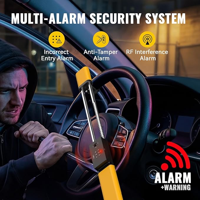 Smart Steering Wheel Lock with Alarm, Heavy-duty Car Anti-theft Device with Multiple Keyless Unlocking Way (Password + IC Card + Backup Keys), Fits 8.9–16" Truck Van SUV Car Wheels,Bright Yellow