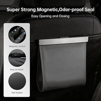 Leather Car Trash Can with Smart LED Light & Magnetic Closure, Hanging Car Trash Bag, Small Car Trash Can, Leak-Proof, Odor-Lock Car Trash Bin for Any Cars, Sedans, SUVs, Trucks, Black