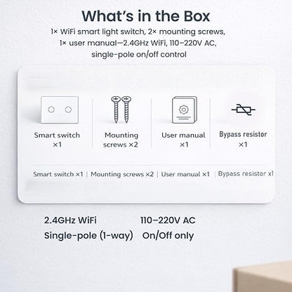 Smart Switch Neutral Wire Optional,APP Control,White 2 Button | 4.65 X 2.83 X 1.34 Inches,Only 2.4GHz Wi-Fi,Voice Control,Work with Tuya/Smart Life/Alexa,Tempered Glass Panel