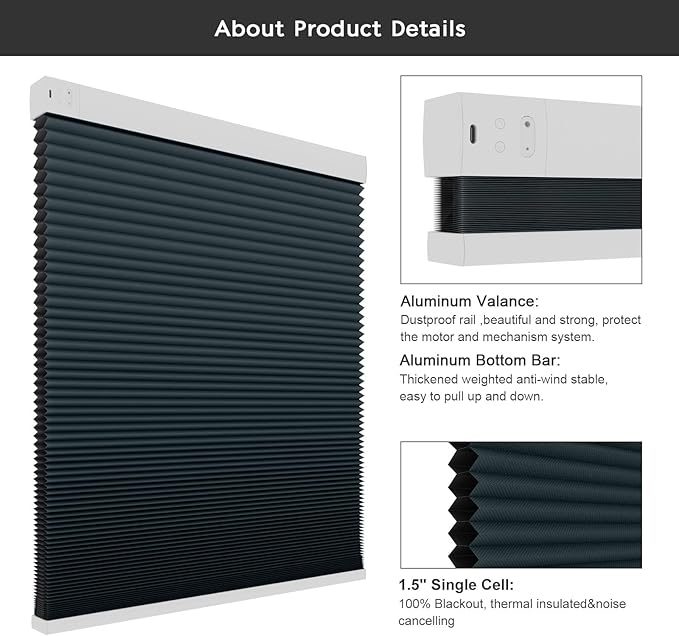 Changshade Blackout Smart Blinds Cellular Shades for Windows Doors Motorized with Remote Control, Custom Size Automatic Honeycomb Blind Electric Power Compatible with Alexa, Google Home, Dark Blue