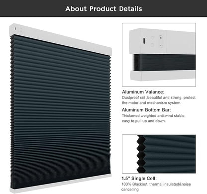 Changshade Blackout Smart Blinds Cellular Shades for Windows Doors Motorized with Remote Control, Custom Size Automatic Honeycomb Blind Electric Power Compatible with Alexa, Google Home, Dark Blue