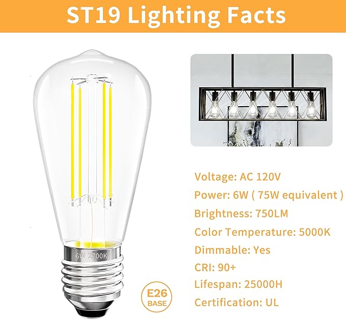 Edison Bulbs E26 Medium Base 5000K Daylight White, 750LM ST19 Vintage LED Filament Bulb Clear Glass, Equivalent 75W Dimmable Lights Bulb 90+ CRI for Chandeliers, Pendants, Wall Sconces, 9 Pack