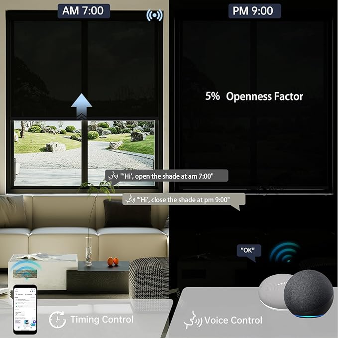 Motorized Solar Shades, Light Filtering Smart Blinds for Windows Automatic Blinds Compatible with Alexa, Falme Resistant Roller Shades Customized for Office Living Room (5% Openness Black)