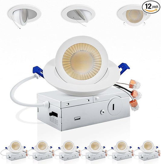 Adetu 3 Inch 5CCT Gimbal Led Recessed Lighting with Junction Box, 2700K/3000K/3500K/4000K/5000K Selectable, 7W Eqv 80W, 360°+90° Adjustable Recessed Lights, 800LM Brightness - ETL (White, 6 Pack)