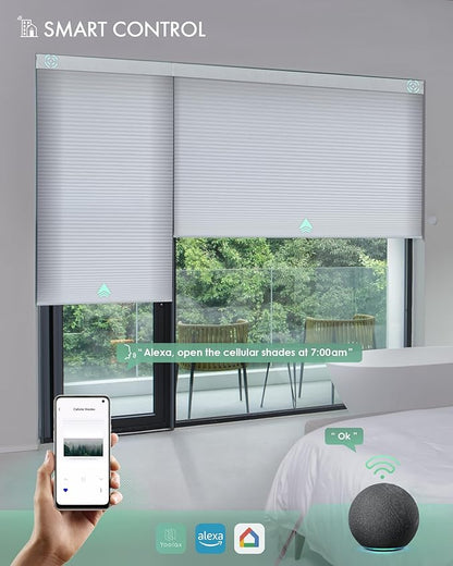 Yoolax Motorized Cellular Shades Compatible with Alexa, Light Filtering Motorized Blinds Smart Honeycomb Shades for Windows, Automatic Blinds with Remote (Light Filtering White)