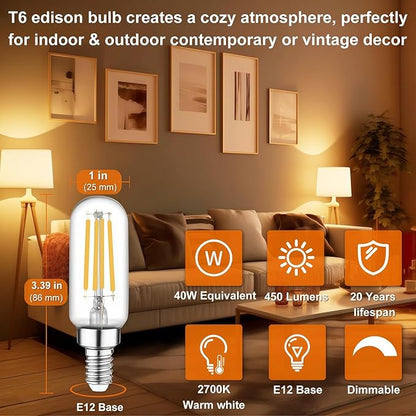 Vinaco 3.39 Inch E12 T6 LED Bulb Dimmable, 6 Pack T6 Candelabra Bulb LED 4W Equal. 40W Warm White 2700K, Clear Glass T6 Tubular LED Edison Bulb for Chandelier, Ceiling Fan, Pendant, Wall sconces