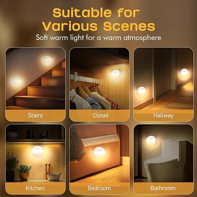 Guankai 3 Pack Motion Sensor Stair Light for Indoor, Battery Operated Closet Lights, Led Stick On Puck Lighting Night Lamp, Motion Activated Lamps for Step, Cabinet, Hallway, Bathroom